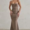 Adele | Mocha Backless Ruched Fishtail Cami Maxi Dress -Dress Shop WB CL128390 AdeleMochaRuchedFishtailCamiMaxiDress1