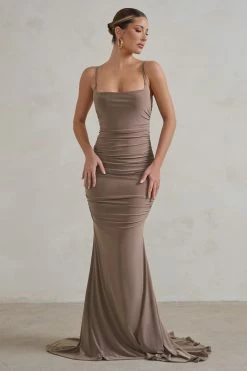 Dress Shop 28 Adele | Mocha Backless Ruched Fishtail Cami Maxi Dress