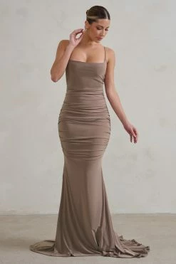 Adele | Mocha Backless Ruched Fishtail Cami Maxi Dress -Dress Shop WB CL128390 AdeleMochaRuchedFishtailCamiMaxiDress2