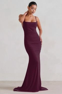 Adele | Plum Backless Ruched Fishtail Cami Maxi Dress -Dress Shop WB CL128390 AdelePlumRuchedFishtailCamiMaxiDress2