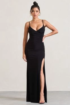 Jeanne | Black Plunge Ruched Cami Maxi Dress With Split 10 Jeanne | Black Plunge Ruched Cami Maxi Dress With Split -Dress Shop WB CL128392002 JeanneBlackPlungeRuchedCamiMaxiDressWithSplit0