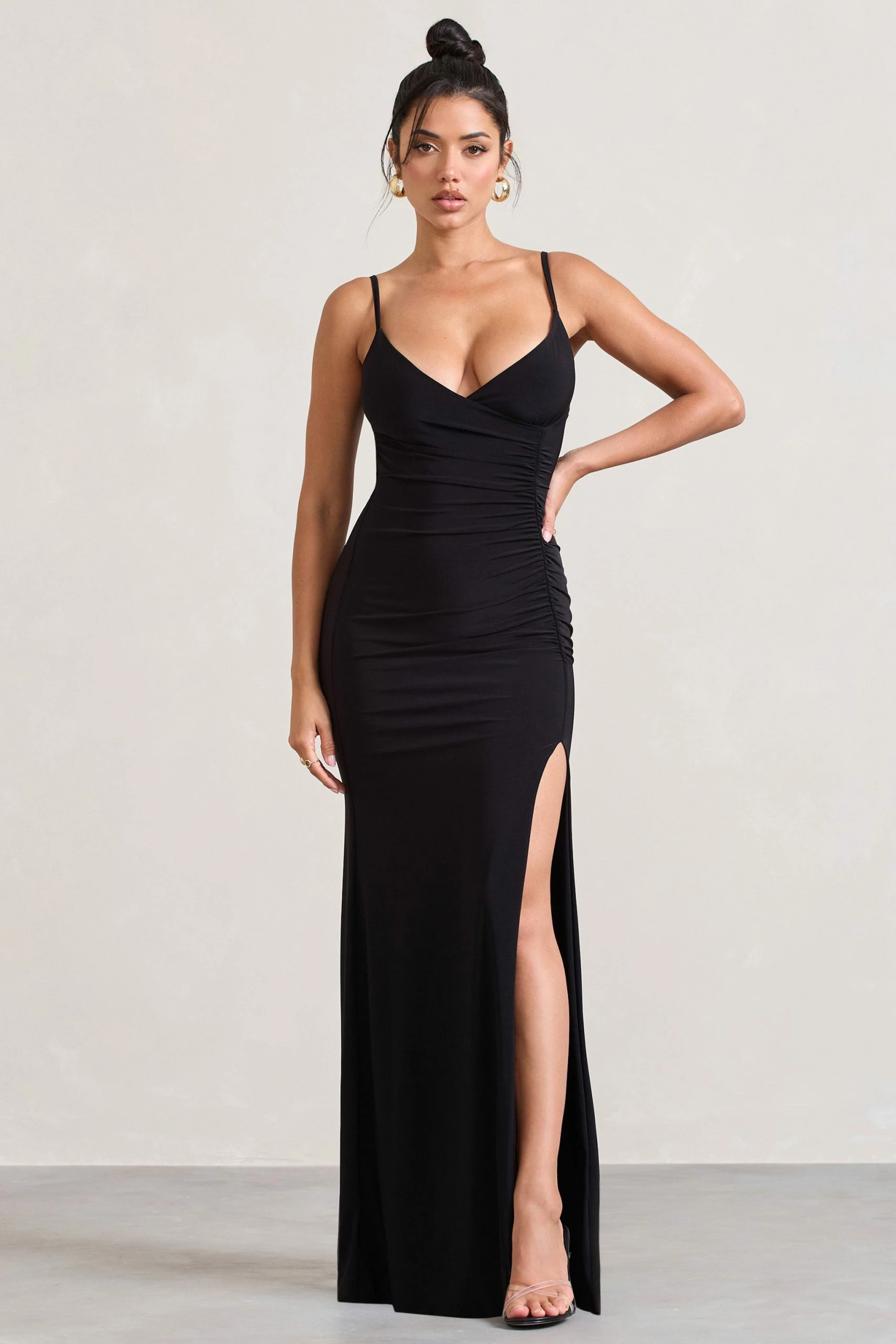 Jeanne | Black Plunge Ruched Cami Maxi Dress With Split 6 Jeanne | Black Plunge Ruched Cami Maxi Dress With Split - Image 4