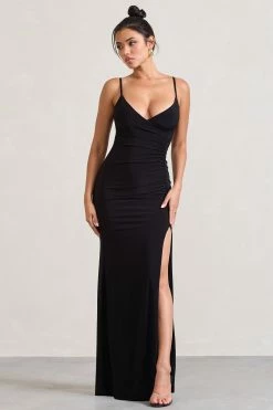 Jeanne | Black Plunge Ruched Cami Maxi Dress With Split 11 Jeanne | Black Plunge Ruched Cami Maxi Dress With Split -Dress Shop WB CL128392002 JeanneBlackPlungeRuchedCamiMaxiDressWithSplit1