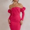 Laurie | Hot Pink Bardot Puff Long Sleeve Mini Dress -Dress Shop WB CL128423 LaurieHotPinkBardotPuffLongSleeveMiniDress1