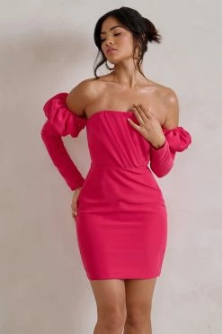 Laurie | Hot Pink Bardot Puff Long Sleeve Mini Dress 11 Laurie | Hot Pink Bardot Puff Long Sleeve Mini Dress -Dress Shop WB CL128423 LaurieHotPinkBardotPuffLongSleeveMiniDress2