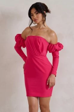 Laurie | Hot Pink Bardot Puff Long Sleeve Mini Dress 12 Laurie | Hot Pink Bardot Puff Long Sleeve Mini Dress -Dress Shop WB CL128423 LaurieHotPinkBardotPuffLongSleeveMiniDress3
