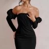 Laurie | Black Bardot PuffLong Sleeve Mini Dress -Dress Shop WB CL128423002 Laurie BlackBardotPuffLongSleeveMiniDress2