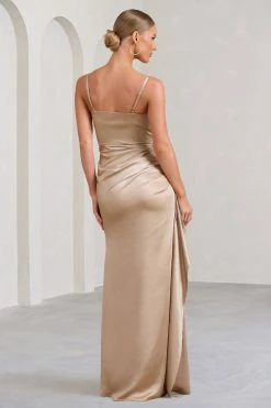 Buckingham | Champagne Satin Pleated Split Maxi Dress -Dress Shop WB CL128452059BuckinghamChampagneSatinPleatedSplitMaxiDress6 06a106bb e7d5 46d3 ba4d d0ac743c9a35