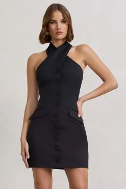 Dani | Black Halter Neck Tailored Buttoned Bodycon Mini Dress 11 Dani | Black Halter Neck Tailored Buttoned Bodycon Mini Dress -Dress Shop WB CL128487002 DaniBlackHalterNeckTailoredButtonedBodyconMiniDress0