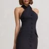 Dani | Black Halter Neck Tailored Buttoned Bodycon Mini Dress