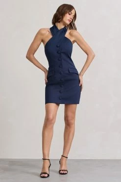 Dani | Navy Halter Neck Tailored Buttoned Bodycon Mini Dress -Dress Shop WB CL128487015 DaniNavyHalterNeckTailoredButtonedBodyconMiniDress0