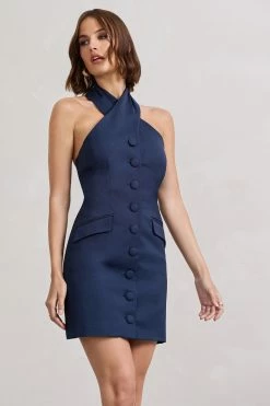 Dani | Navy Halter Neck Tailored Buttoned Bodycon Mini Dress -Dress Shop WB CL128487015 DaniNavyHalterNeckTailoredButtonedBodyconMiniDress5