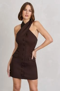 Dani | Chocolate Halter Neck Tailored Buttoned Bodycon Mini Dress -Dress Shop WB CL128487067 DaniChocolateHalterNeckTailoredButtonedBodyconMiniDress4