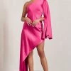 Hanna | Hot Pink Asymmetric Draped Satin Mini Dress -Dress Shop WB CL128638073 Hanna HotPinkAsymmetricDrapedSatinDress2