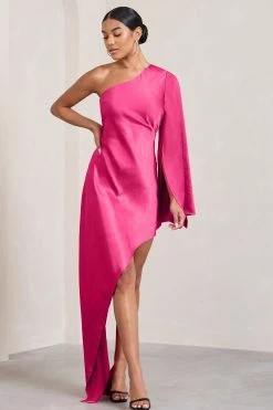 Hanna | Hot Pink Asymmetric Draped Satin Mini Dress -Dress Shop WB CL128638073 Hanna HotPinkAsymmetricDrapedSatinDress4