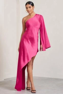 Hanna | Hot Pink Asymmetric Draped Satin Mini Dress -Dress Shop WB CL128638073 Hanna HotPinkAsymmetricDrapedSatinDress5