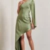 Hanna | Olive Asymmetric Draped Satin Mini Dress -Dress Shop WB CL128638113 Hanna OliveAsymmetricDrapedSatinMiniDress1