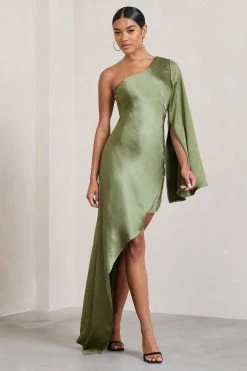Hanna | Olive Asymmetric Draped Satin Mini Dress -Dress Shop WB CL128638113 Hanna OliveAsymmetricDrapedSatinMiniDress2