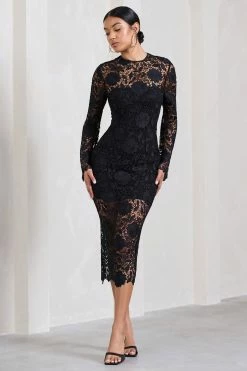 Scandal | Black Lace Long-Sleeved Midi Dress