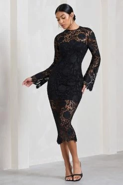 Scandal | Black Lace Long-Sleeved Midi Dress -Dress Shop WB CL128699002 ScandalBlackLaceLong SleevedMidiDress2 7df35e63 e3b5 40b0 8beb 52ae1369c774