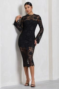Scandal | Black Lace Long-Sleeved Midi Dress -Dress Shop WB CL128699002 ScandalBlackLaceLong SleevedMidiDress3 a4a22033 bbb5 431f bb51 e327325099e1