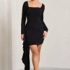 Crimson Cut | Black Long-Sleeved Ruffled Bodycon Mini Dress