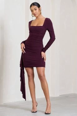 Crimson Cut | Plum Long-Sleeved Ruffled Bodycon Mini Dress -Dress Shop WB CL128706069 CrimsonCutPlumLong SleevedRuffledBodyconMiniDress0 63c44402 1756 4bd3 b377 45c6f4604a5f