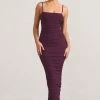 Ellis | Plum Ruched Mesh Strappy Bodycon Maxi Dress 1 Ellis | Plum Ruched Mesh Strappy Bodycon Maxi Dress -Dress Shop WB CL128707002 EllisPlumRuchedMeshStrappyBodyconMaxiDress0