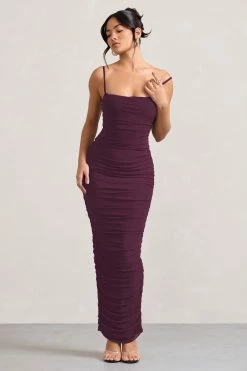 Ellis | Plum Ruched Mesh Strappy Bodycon Maxi Dress -Dress Shop WB CL128707002 EllisPlumRuchedMeshStrappyBodyconMaxiDress2