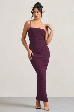 Ellis | Plum Ruched Mesh Strappy Bodycon Maxi Dress -Dress Shop WB CL128707002 EllisPlumRuchedMeshStrappyBodyconMaxiDress3