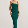 Ellis | Bottle Green Ruched Mesh Strappy Bodycon Maxi Dress 1 Ellis | Bottle Green Ruched Mesh Strappy Bodycon Maxi Dress -Dress Shop WB CL128707047 EllisBottleGreenRuchedMeshStrappyBodyconMaxiDress0