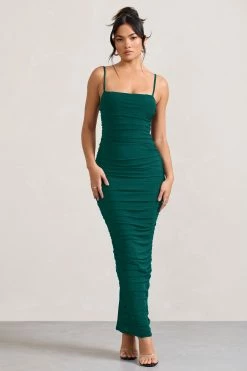 Ellis | Bottle Green Ruched Mesh Strappy Bodycon Maxi Dress