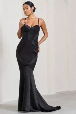 Custom | Black Satin Sweetheart Corset Fishtail Maxi Dress -Dress Shop WB CL128719002 CustomBlackSatinSweetheartCorsetFishtailMaxiDress0
