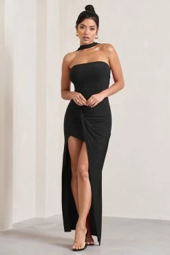 Paprika | Black Ruched Halter-Neck Bandeau Maxi Dress -Dress Shop WB CL128736002 PaprikaBlackRuchedHalter NeckBandeauMaxiDress4