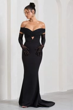 Inspiration | Black Sheer Bardot Fishtail Maxi Dress -Dress Shop WB CL128740002 InspirationBlackSheerBardotFishtailMaxiDress0