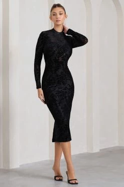 Chamonix | Black Sheer Velvet Floral Long-Sleeved Midi Dress -Dress Shop WB CL128790002 ChamonixBlackSheerVelvetFloralLong SleevedMidiDress2