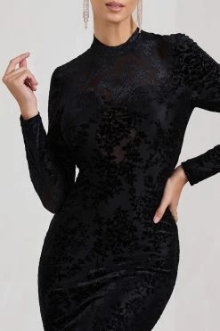 Chamonix | Black Sheer Velvet Floral Long-Sleeved Midi Dress -Dress Shop WB CL128790002 ChamonixBlackSheerVelvetFloralLong SleevedMidiDress4