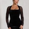Off-Piste | Black Velvet Bodycon Mini Dress With Sheer Sleeves -Dress Shop WB CL128805002 Off PisteBlackVelvetBodyconMiniDressWithSheerSleeves1