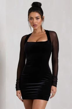 Off-Piste | Black Velvet Bodycon Mini Dress With Sheer Sleeves -Dress Shop WB CL128805002 Off PisteBlackVelvetBodyconMiniDressWithSheerSleeves2