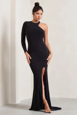 Toya | Black Asymmetric Split Maxi Dress -Dress Shop WB CL128816002 ToyaBlackAsymmetricSplitMaxiDress0