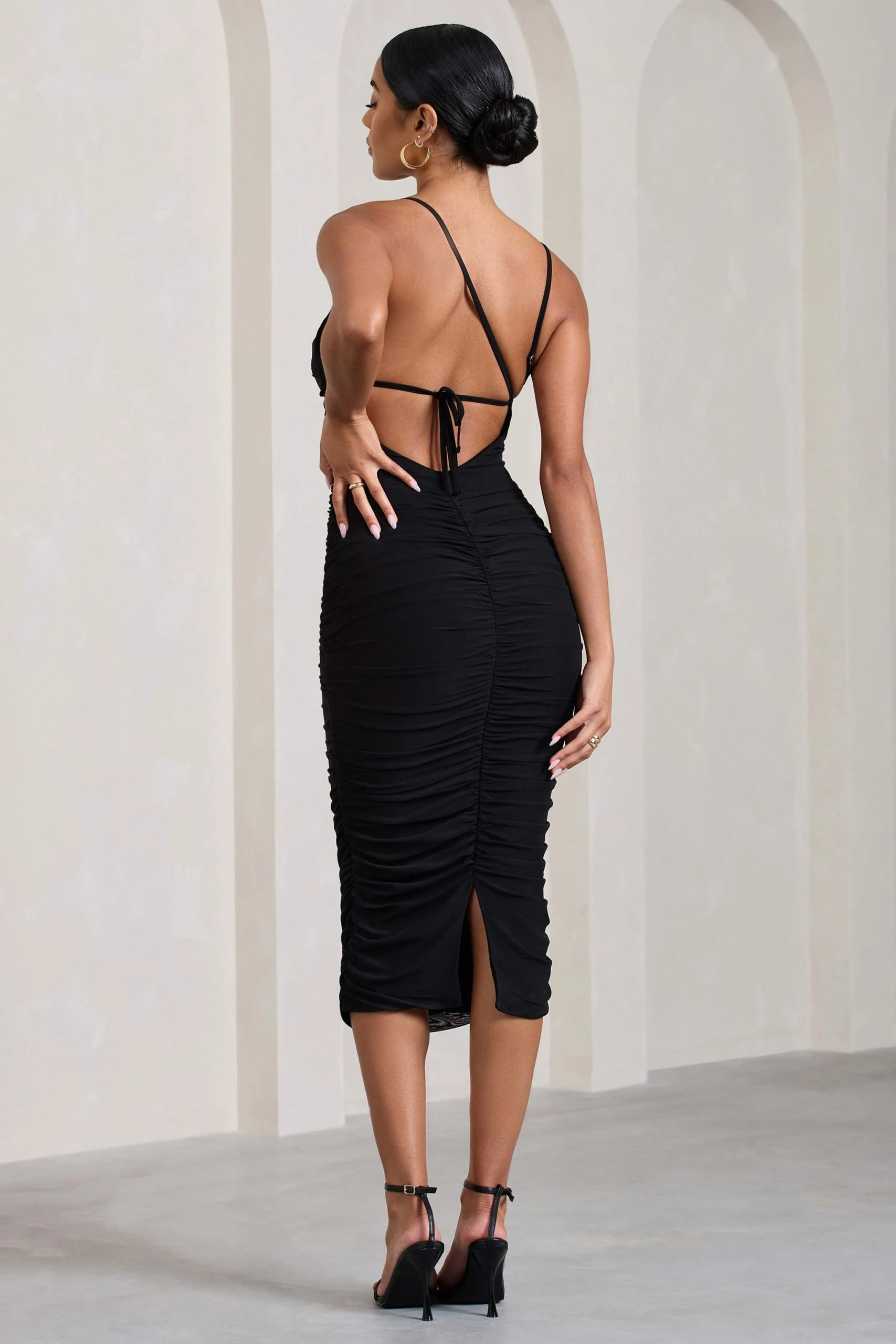 Bree | Black Ruched Mesh Strappy Bodycon Midi Dress 4 Bree | Black Ruched Mesh Strappy Bodycon Midi Dress - Image 2
