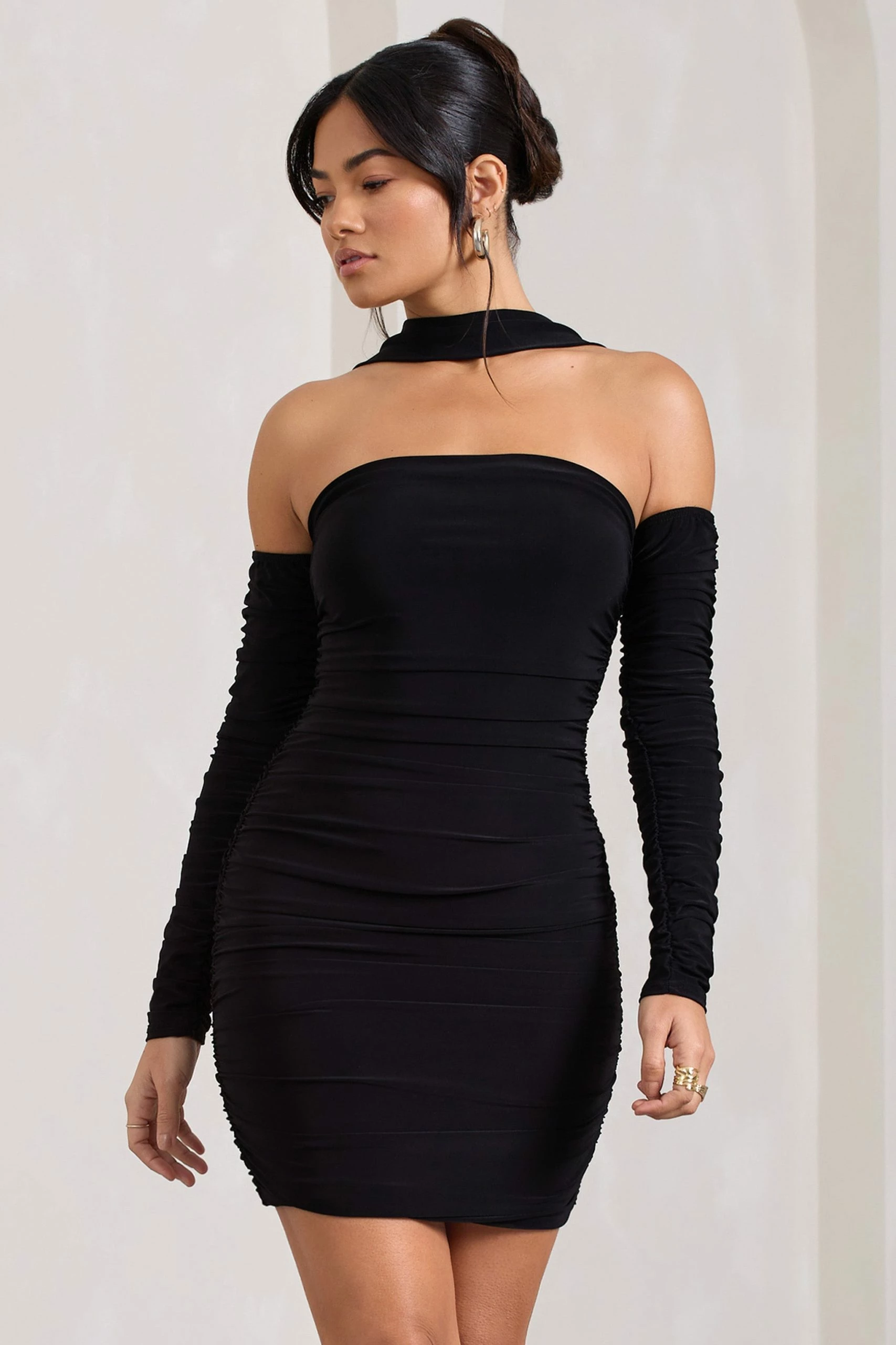 Thea | Black Ruched Long-Sleeved Bodycon Mini Dress With Halter Collar 6 Thea | Black Ruched Long-Sleeved Bodycon Mini Dress With Halter Collar - Image 4