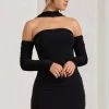 Thea | Black Ruched Long-Sleeved Bodycon Mini Dress With Halter Collar -Dress Shop WB CL128828002 Thea BlackRuchedLong SleevedBodyconMiniDressWithHalterCollar3