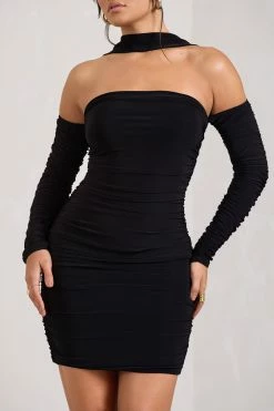 Thea | Black Ruched Long-Sleeved Bodycon Mini Dress With Halter Collar 9 Thea | Black Ruched Long-Sleeved Bodycon Mini Dress With Halter Collar -Dress Shop WB CL128828002 Thea BlackRuchedLong SleevedBodyconMiniDressWithHalterCollar7