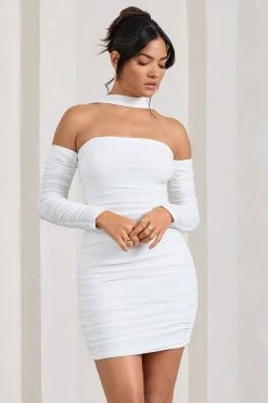 Thea | White Ruched Long-Sleeved Bodycon Mini Dress With Halter Collar 12 Thea | White Ruched Long-Sleeved Bodycon Mini Dress With Halter Collar -Dress Shop WB CL128828005 Thea WhiteRuchedLong SleevedBodyconMiniDressWithHalterCollar0