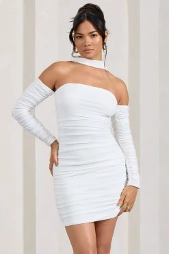 Thea | White Ruched Long-Sleeved Bodycon Mini Dress With Halter Collar 13 Thea | White Ruched Long-Sleeved Bodycon Mini Dress With Halter Collar -Dress Shop WB CL128828005 Thea WhiteRuchedLong SleevedBodyconMiniDressWithHalterCollar2