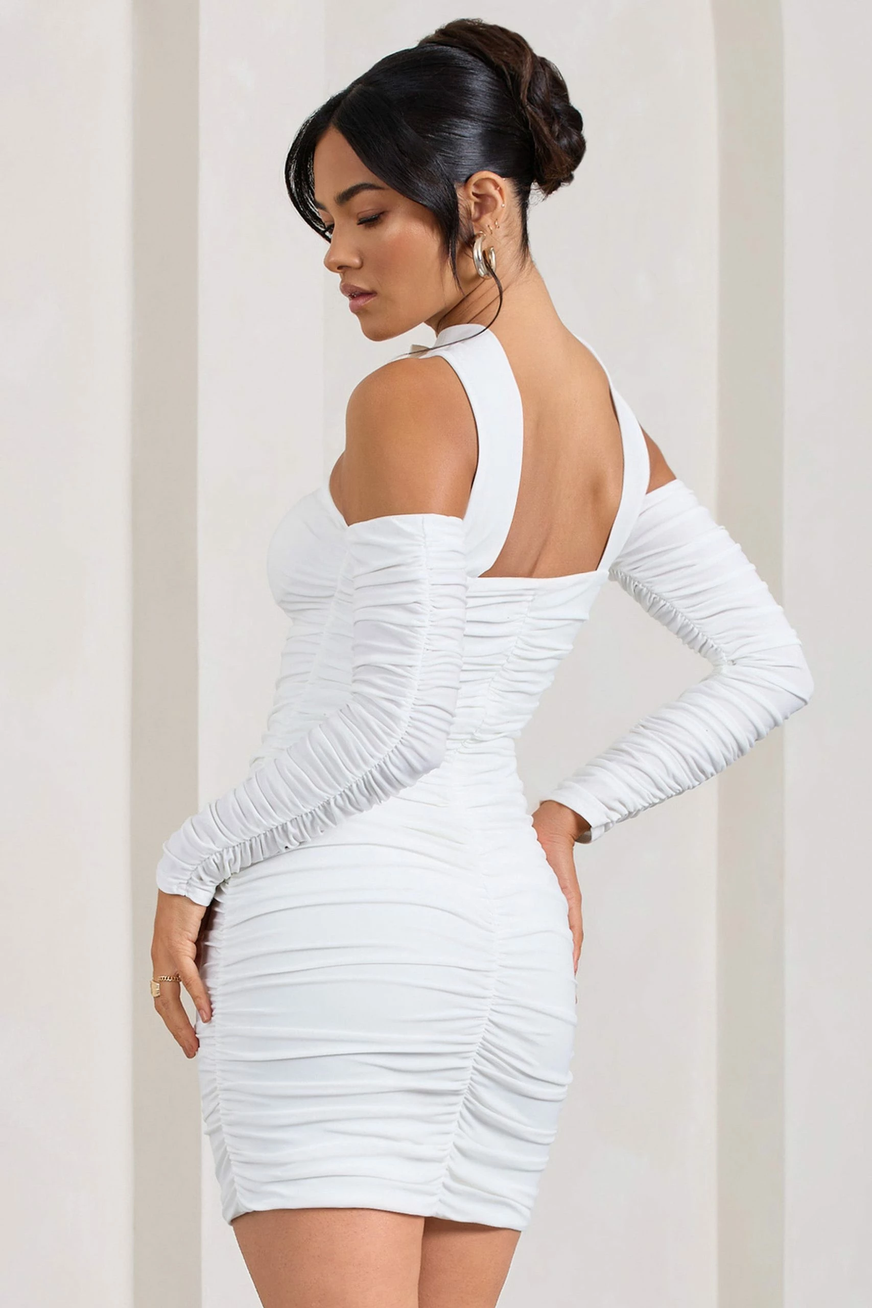 Thea | White Ruched Long-Sleeved Bodycon Mini Dress With Halter Collar 5 Thea | White Ruched Long-Sleeved Bodycon Mini Dress With Halter Collar - Image 3