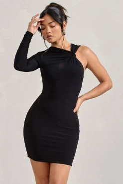 Fusion | Black Asymmetric Twisted Bodycon Mini Dress -Dress Shop WB CL128830002 Fusion BlackAsymmetricTwistedBodyconMiniDress1