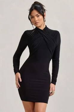 Eve | Black Crossed-Neck Long-Sleeved Bodycon Mini Dress -Dress Shop WB CL128832002 Eve BlackCrossed NeckLong SleevedBodyconMiniDress0 d6c86526 82b7 42cf b2ca 4a9edf8cd1eb