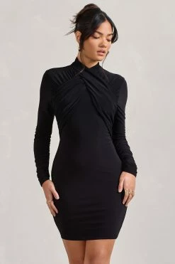 Eve | Black Crossed-Neck Long-Sleeved Bodycon Mini Dress -Dress Shop WB CL128832002 Eve BlackCrossed NeckLong SleevedBodyconMiniDress1 2c37aac5 10a8 437f a448 ac096bc47264